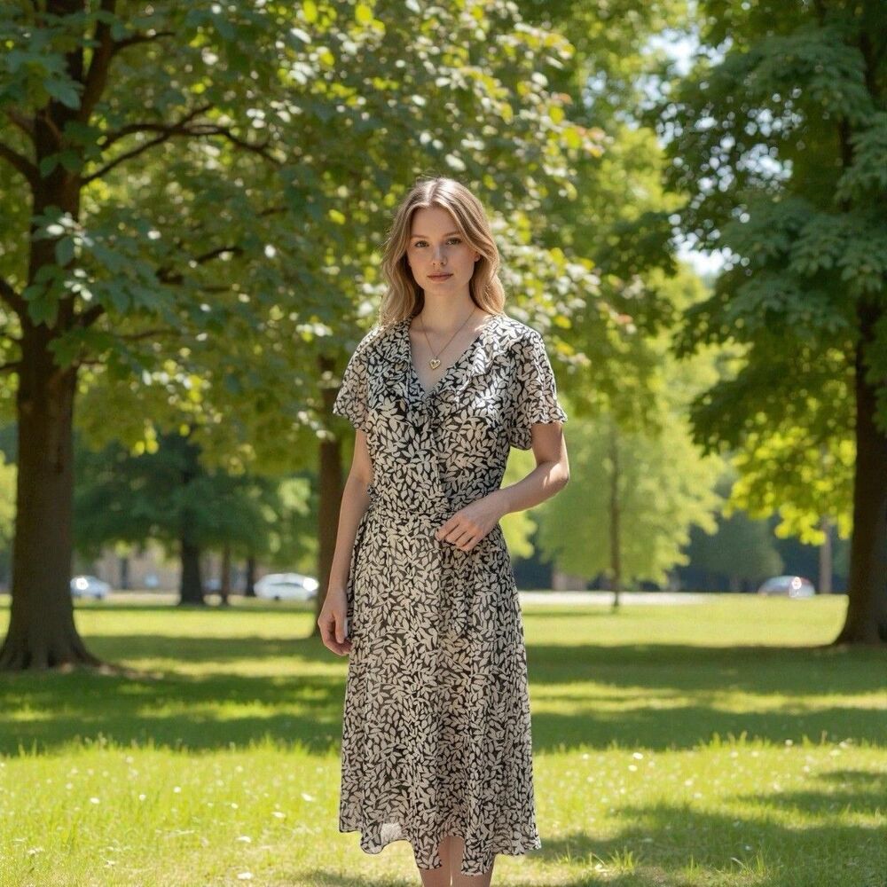 Vintage J.B.S sleeves print Sheer Formal Dress Chiffon USA Classic Size 8